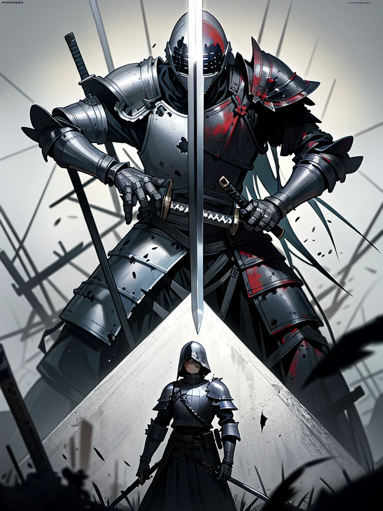 (Dark art), (hopeless art), dark anime medieval soldier, broken soldier, holey helmet, black wounds, crashed armor, closed clothing, broken sword, sword broken in half, ash, abandoned battlefield, highly detailed art