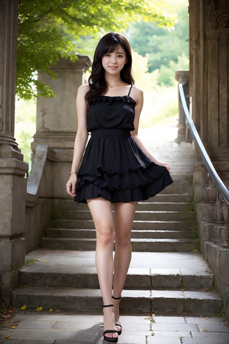 Familiar,Sharp lines,Highest quality, masterpiece、ancient ruins、Dark Light、Canon Photo Crystal Clear ,（Realistically:1.2）, (Casual Micro Mini Skirt Dress)、Action pose、Take a full body photo、Lazy Smile、Attractive person、Medium Layered Hair