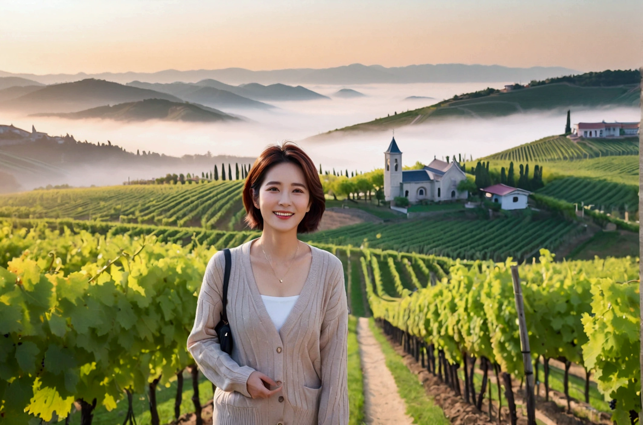 high quality, In 8K, 32K, Photo of a beautiful 36-year-old Korean woman, short medium hair, Inspired by Son Ye-jin, whole body, face focus, Shirt that goes up to the neck and a short cardigan from a luxury brand, beige casual pants, Italian countryside vineyard background, Ranged、make a happy face, 새벽 진한 한개속 The cathedral is visible in the distance, There is thick fog, path, looking up the side, Wear a shirt that covers your chest, The cathedral is visible in the distance, Photo of endless vineyard scenery, look up the side. thick dawn fog, Well-groomed hair, Photo of an elegant and modest woman, Endless vineyards, Vivid picture quality, Clear picture quality, 언덕 위 path, 1 woman, colonnade가 있는 휘어진 path 언덕에서 바라본다. colonnade, The waist area is visible. 휘어진 path에 서있다, colonnade가 있는 어덕길에 서있다, Looking down on the vineyard from the hill, The cathedral is visible in the distance,, 휘어진 path, White shirt and short Myeongmum brand cardigan, three-dimensional shape of grape leaves, wide angle lens shot, Express your fingers carefully, Express your fingers accurately, Put your hands in your pockets, three-dimensional grape leaves