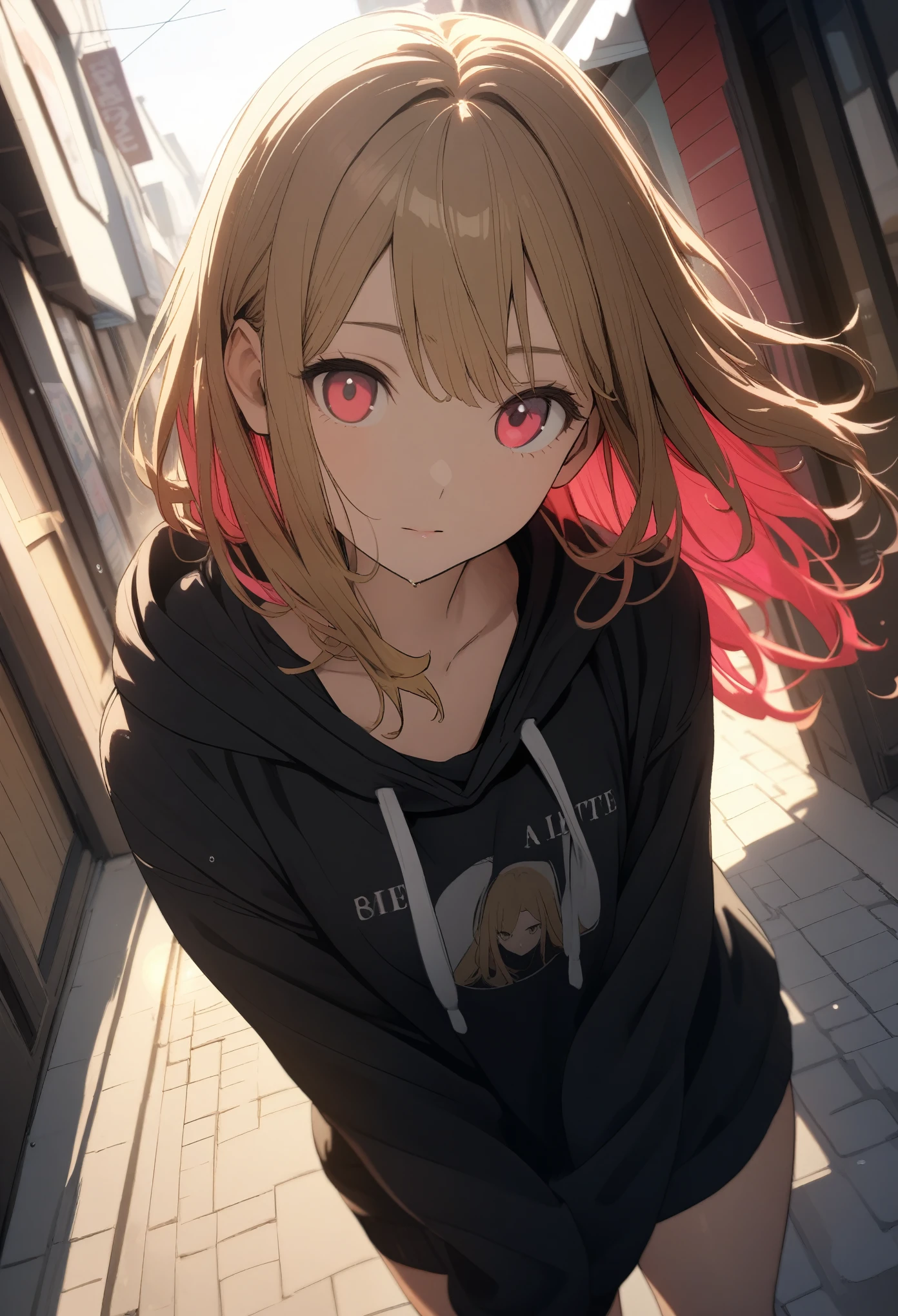 ****************, (Large hoodie、Chopin)、(Golden hair color,Red pink inner color hairstyle), (beautiful smooth hair), Facial Contour, Remember, Shopping Street, sunlight、splash, Lens flare,, Natural Color, High resolution, Very delicate, Very detailed, 8k,（My breasts are just a little swollen,About B cup）、Shyness,((Sexual))、Top view angle