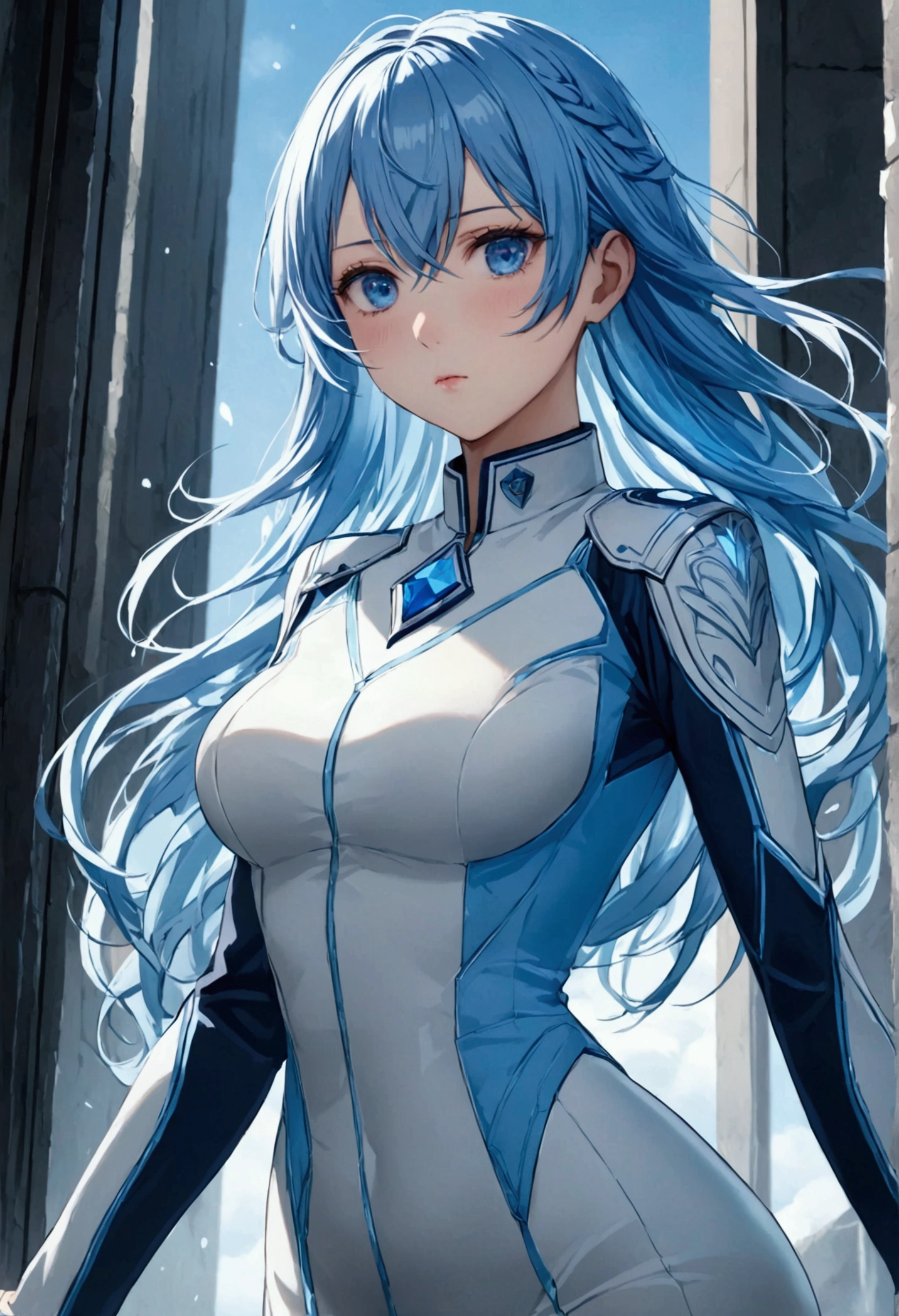 Eyes:icy blue.Hair:long icy blue. Body Type:slim and tall. Clothes:uniform. 8k, best quality, high resolution.