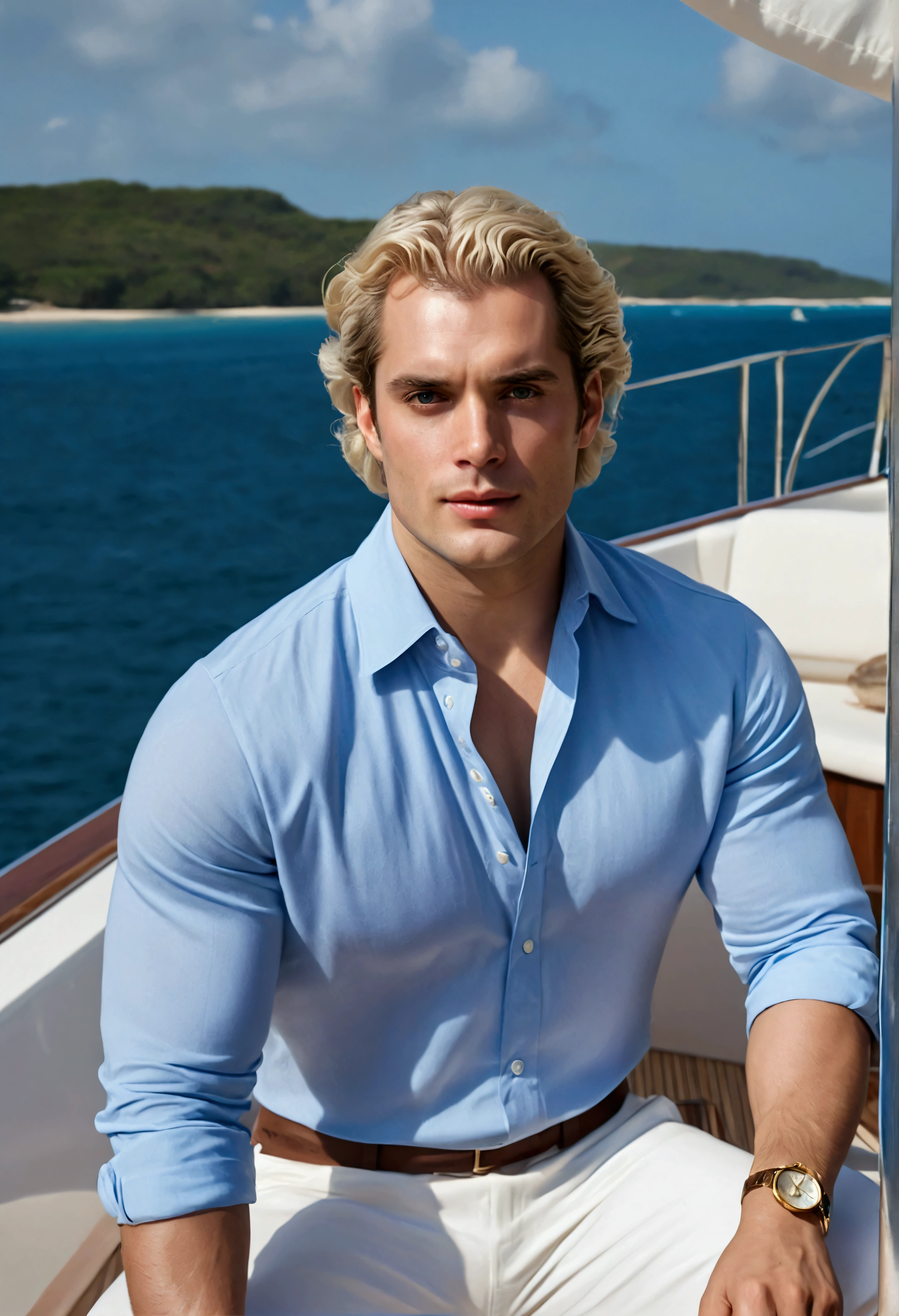 Highest quality, masterpiece, Ultra-high resolution, (Realistic: 1.4), Original photo, face should look like Henry Cavill but not exactly same, young Henry Cavill, blonde hair style looking like a royal prince, light blue eyes wallpaper, dressing like a royal beach clothes, Blue clothes white underneath, Head Photo, skin,  Background is partying in a yacht, Iris, detailed, Selfie, 1 boy, 18-year-old, good looking, Wind, Henry is sitting in a yacht looking at the viewer, their is partying an dancing going on behind him , girls dancing , golden watch in his hands , looks pure hyper realistic , looks hyper aesthetic with hyper aesthetic clothes and style, in beach clothes, no beard, clean 