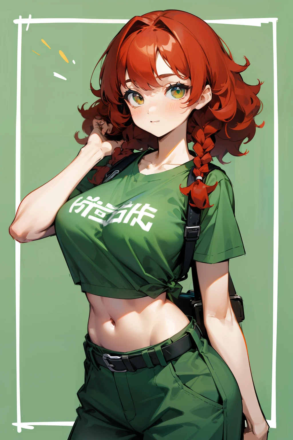 Cute girl, curly red hair with two braids, short-sleeved green T-shirt, blue backpack, baggy brown pants, black belt, big breasts, exposed stomach