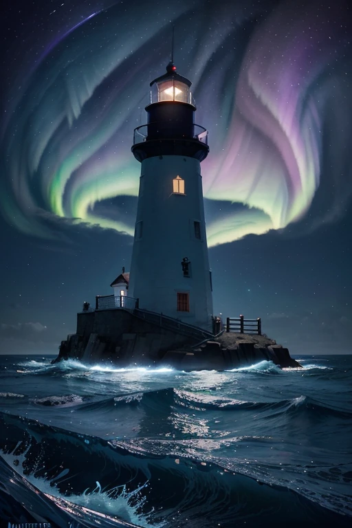 Illustration of a lighthouse with a bright blue and purple aurora behind, quiet night. digital illustration, Just Bartel, inspired by Cyril Rolando, stylized digital illustration, In the style of Cyril Rolando, Illustrative wallpaper 4k hd, a beautiful art illustration, background art, art of Alena Aenami, background illustration, dream illustration, amazing wallpaper