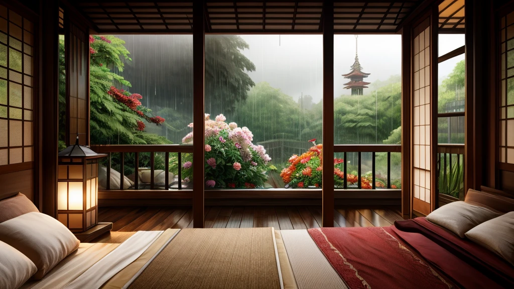 The image shows a cozy bedroom with large windows offering views of rain-soaked forests AND FLOWERS. CINEMATIC, JAPANESE HOUSE, the shape of a Japanese house, and lots of flower gardens in the garden. The bed has not been made with crumpled sheets, indicating it has only been used. looks dim, gloomy. Beside the bed there is a small table with a classic lamp burning, emitting warm light into the room. Outside the window, lush greenery can be seen on the terrace or balcony area, with rain visible falling, creating a calm and peaceful atmosphere. The contrast between the warmth indoors and the rain outdoors creates an inviting and calming atmosphere