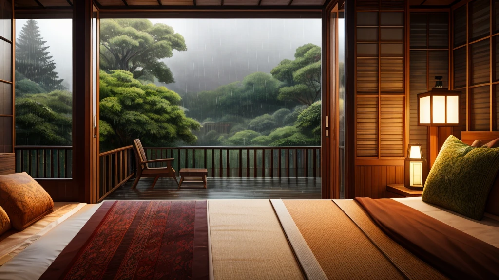 The image shows a cozy bedroom with large windows offering views of rain-soaked forests AND FLOWERS. CINEMATIC, JAPANESE HOUSE, the shape of a Japanese house, and lots of flower gardens in the garden. The bed has not been made with crumpled sheets, indicating it has only been used. looks dim, gloomy. Beside the bed there is a small table with a classic lamp burning, emitting warm light into the room. Outside the window, lush greenery can be seen on the terrace or balcony area, with rain visible falling, creating a calm and peaceful atmosphere. The contrast between the warmth indoors and the rain outdoors creates an inviting and calming atmosphere