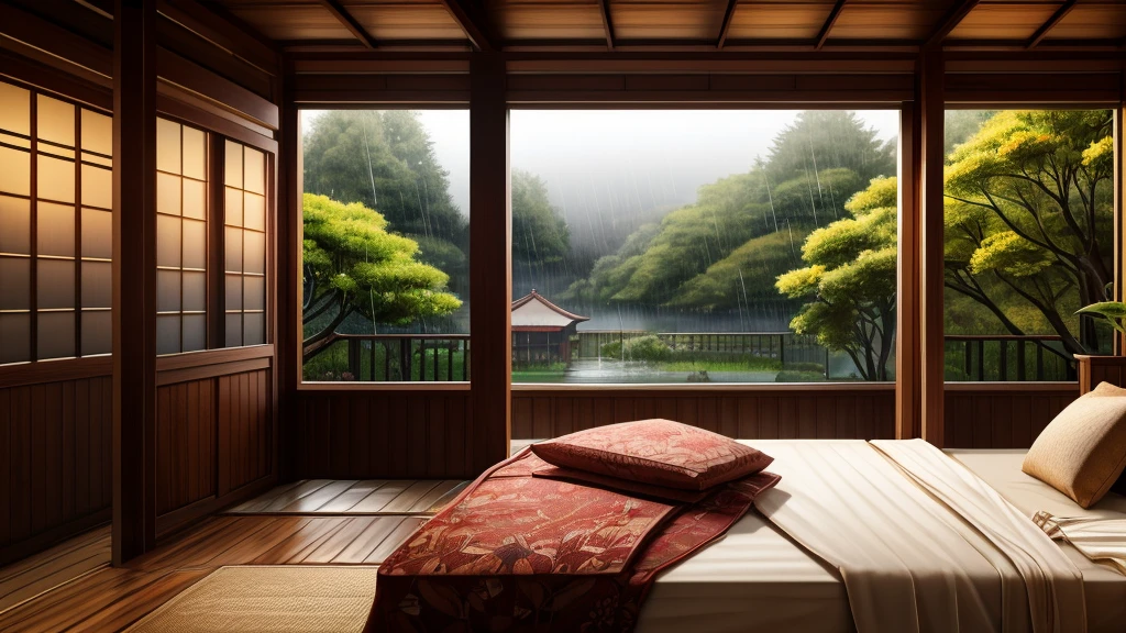 The image shows a cozy bedroom with large windows offering views of rain-soaked forests AND FLOWERS. CINEMATIC, JAPANESE HOUSE, the shape of a Japanese house, and lots of flower gardens in the garden. The bed has not been made with crumpled sheets, indicating it has only been used. looks dim, gloomy. Beside the bed there is a small table with a classic lamp burning, emitting warm light into the room. Outside the window, lush greenery can be seen on the terrace or balcony area, with rain visible falling, creating a calm and peaceful atmosphere. The contrast between the warmth indoors and the rain outdoors creates an inviting and calming atmosphere