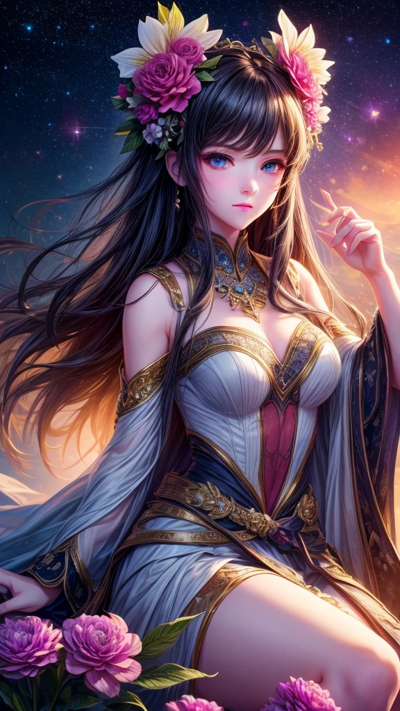 Top quality, High target_solve, clearly_image, Detailed background, girl, flower, flower园, Starry Sky,
