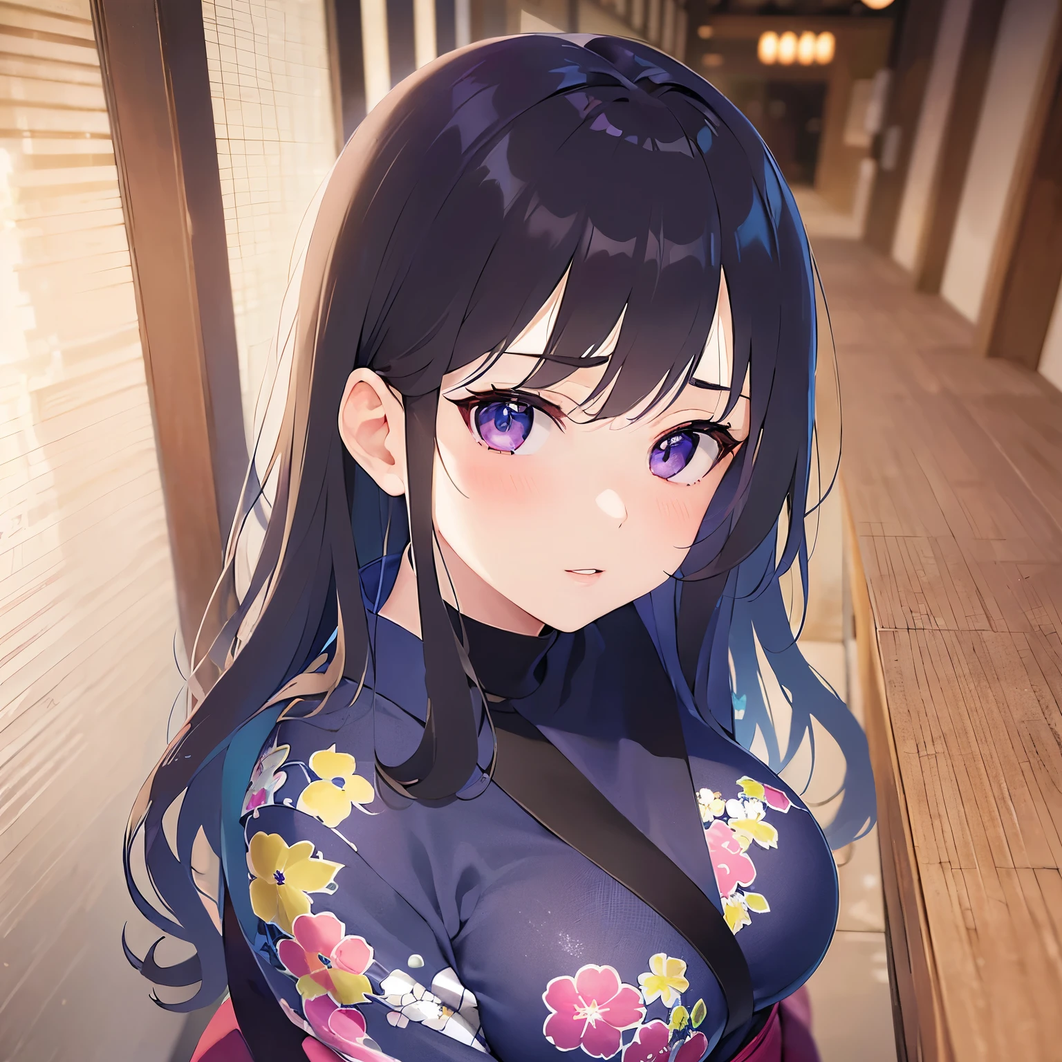Anime girl with long black hair and blue eyes in a purple dress - SeaArt AI