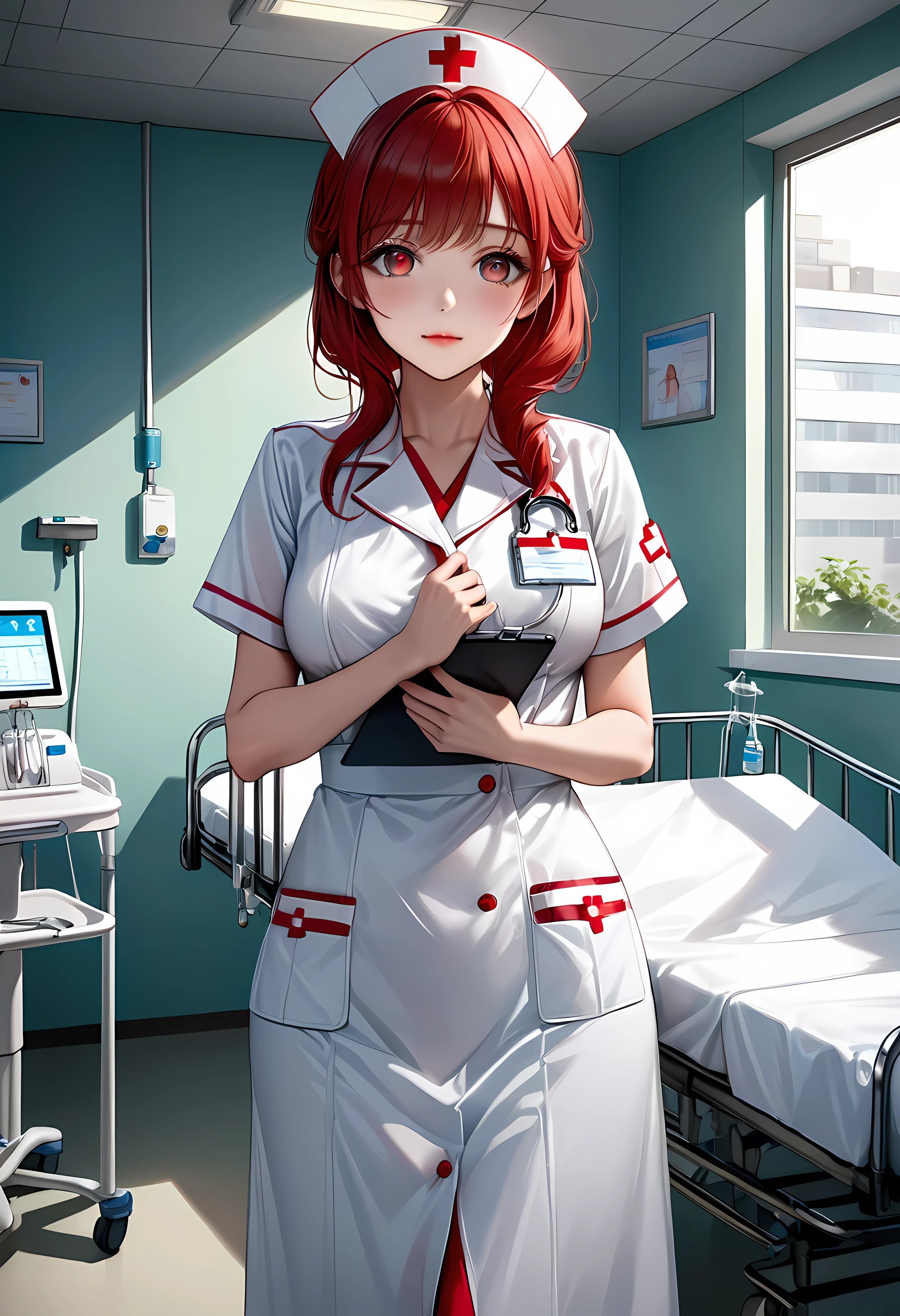 Create a stunning, ultra-high-definition image in 16K resolution that captures the serene and professional atmosphere of a modern hospital room with a realistic photo aesthetic. | Visualize a beautiful female nurse with cute dimples and vibrant red hair, embodying both kindness and competence. She has warm, expressive heterochromia eyes and a natural beauty that shines through her caring demeanor. She is dressed in a stylish yet practical nurse's outfit, featuring a crisp white uniform with light blue accents, a name tag, and comfortable, clean shoes. Her attire should blend traditional medical elements with subtle contemporary touches. | The scene is set in a bright and clean hospital room with advanced medical equipment, a patient bed, and large windows letting in natural light. The walls are painted in calming pastel colors, and the environment exudes a sense of calm and professionalism. | Capture the nurse in a dynamic yet gentle pose, perhaps with one hand holding a clipboard and the other adjusting an IV drip, as she attentively cares for a patient. Her expression should convey a mix of compassion and focus, with a hint of warmth. The camera angle should emphasize her full body, highlighting the details of her uniform and her attentive, nurturing presence. | The overall ambiance should integrate soothing colors and rich details, creating a sense of depth and immersion in this modern medical setting. Ensure anatomical correctness, with a focus on ultra-detailed textures and high-quality rendering, capturing every nuance of the nurse's appearance and her professional surroundings. This masterpiece should embody the spirit of care and dedication, immersing viewers in its lifelike depiction. | Keywords: (beautiful female nurse:1.3), ((realistic photo)), ((cute dimples):1.2), ((modern hospital)), ((attentive pose)).
