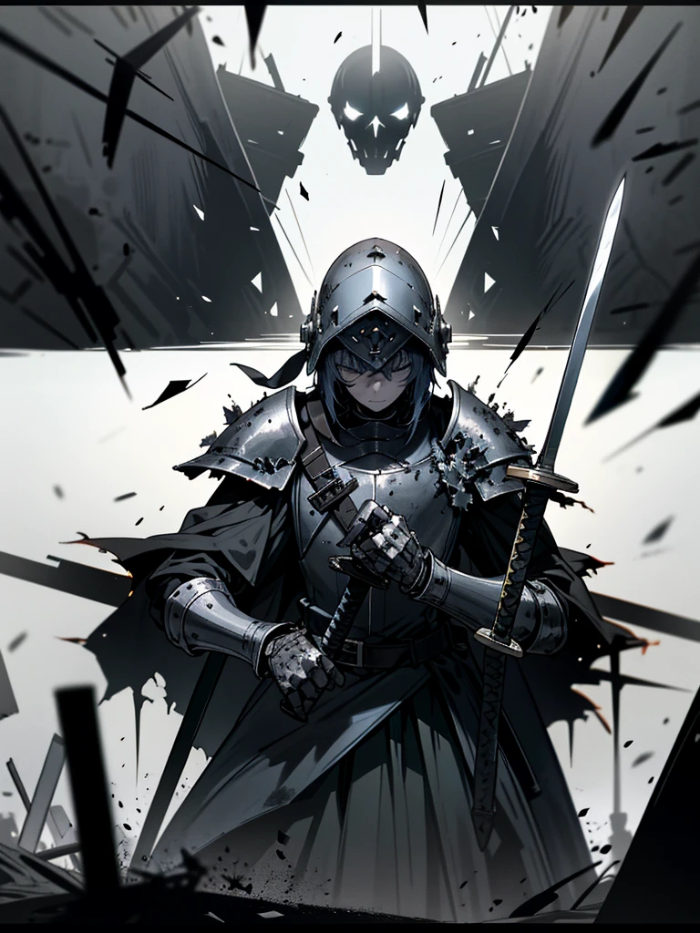 (Dark art), (hopeless art), dark anime medieval soldier, broken soldier, holey helmet, black wounds, crashed armor, closed clothing, broken sword, sword broken in half, ash, abandoned battlefield, highly detailed art, super violent