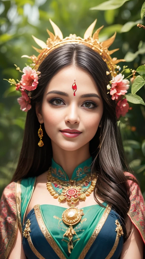 "Please create an illustration of a beautiful female goddess. She should have an elegant and mysterious aura, with long flowing hair and shining eyes. The goddess’s attire should be graceful, adorned with decorations and patterns symbolizing nature. The background should feature lush green forests and beautiful flowers, with soft light enveloping the goddess. Her expression should be full of compassion, with a captivating smile that enchants the viewer. Overall, the illustration should convey a sense of divinity and peace."