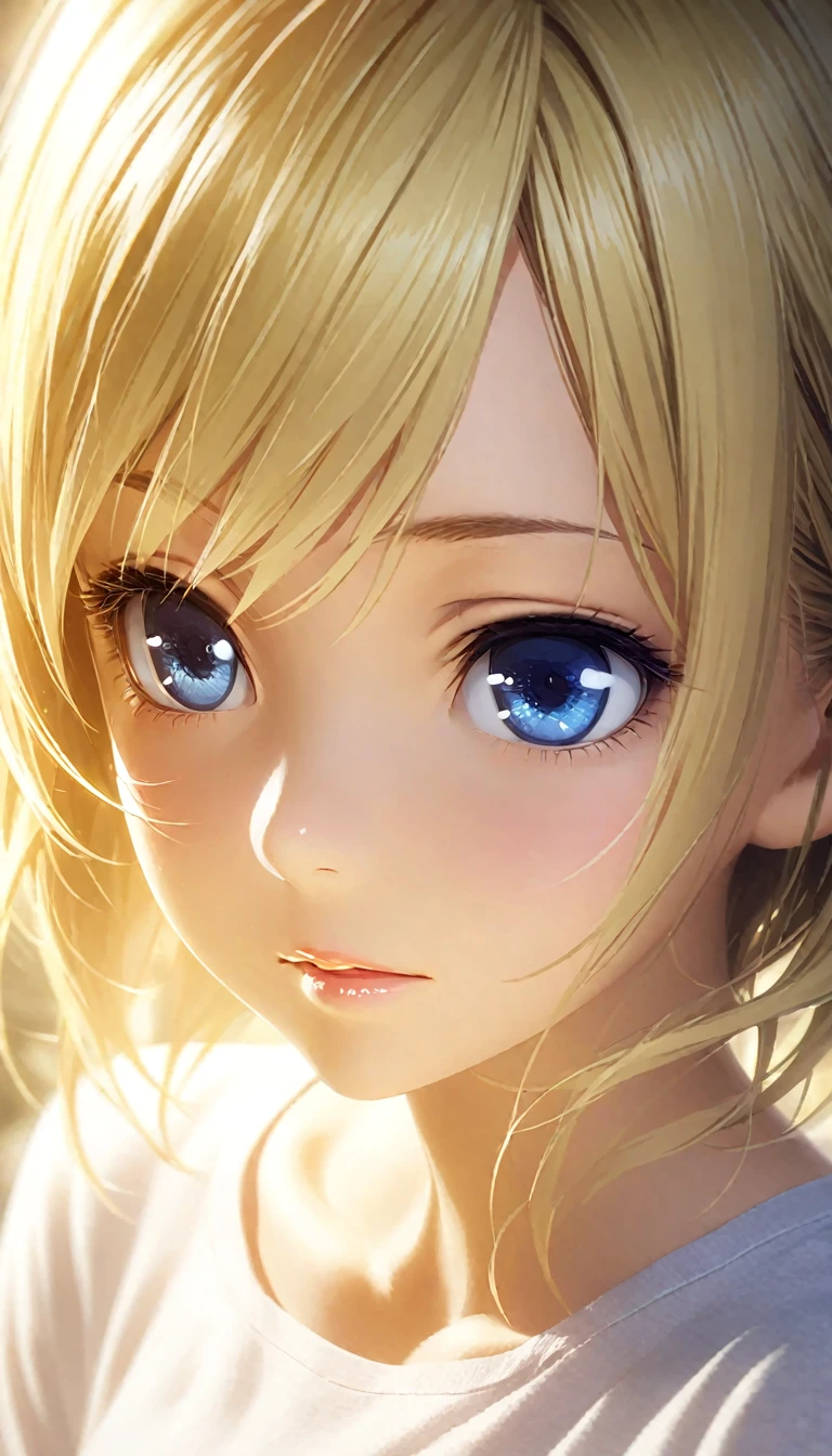 portrait, Practical, blue eyes, Blonde hair, Mid-chest, 4K resolution, High quality CG, Beautiful CG, Soft Light, Octane Rendering, white t-shirt, close shot