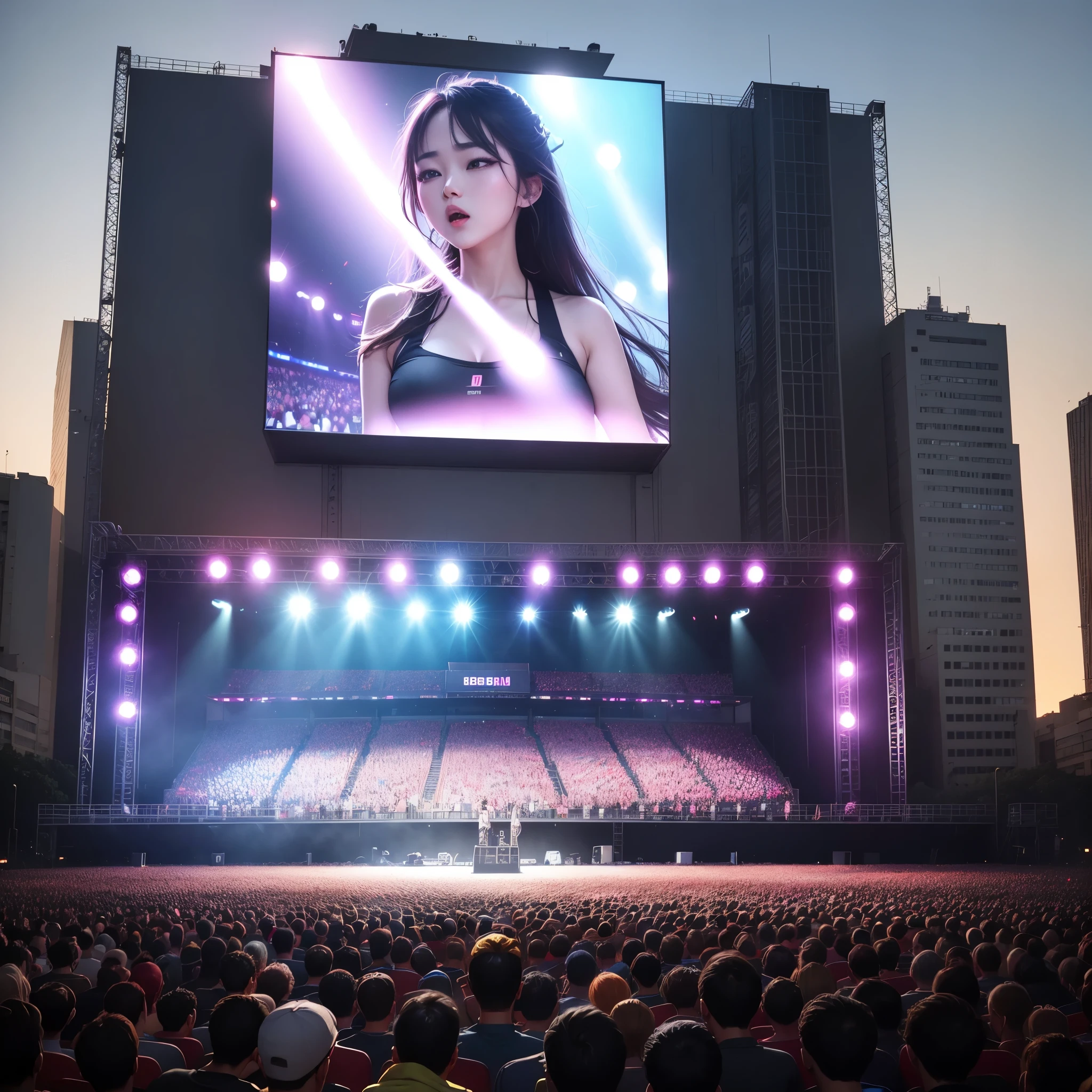 Big outdoor stage with K-pop concert, LED screen on 2 sides, Many fans cheer,