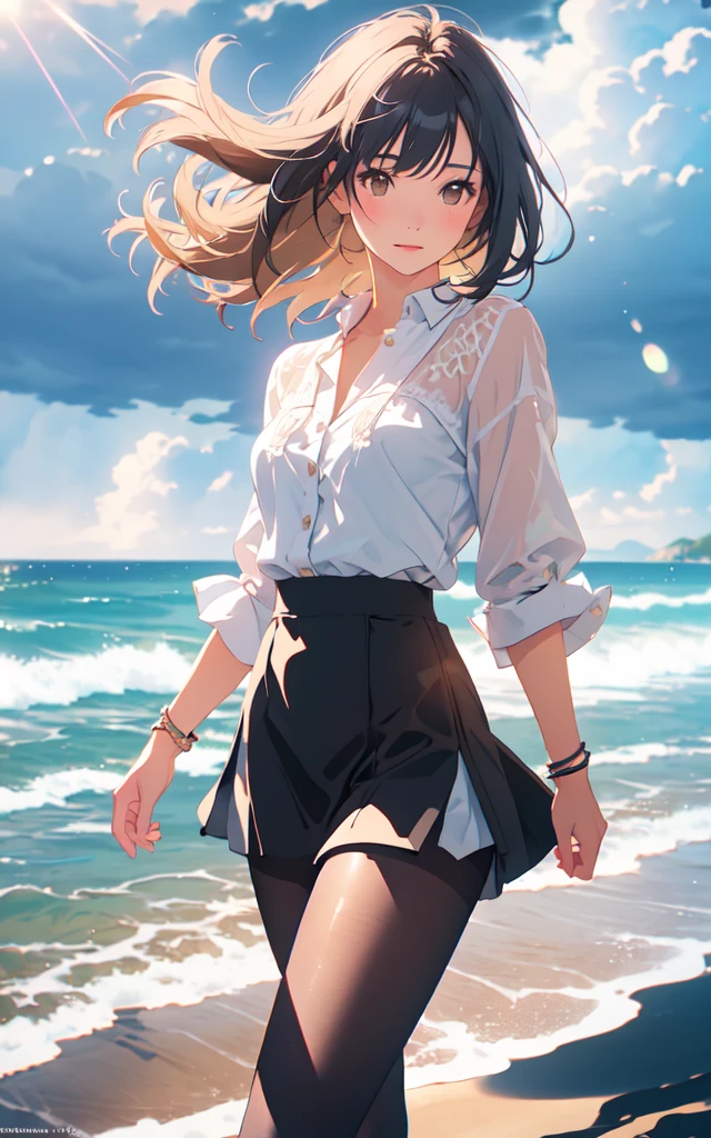 Beautiful summer outfit、Beautiful thighs、pantyhose、Walking on a stormy beach, Dark Clouds, (Cowboy Shot:1.4), Realistic, masterpiece, Highest quality, Backlight, (Lens flare:1.1), (bloom:1.1), (chromatic aberration:1.1)