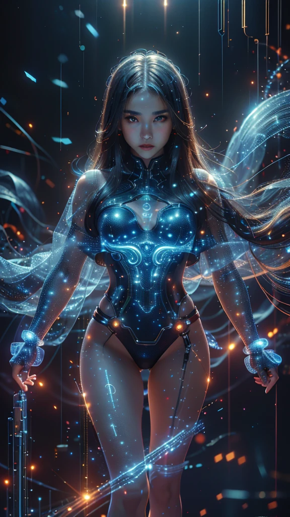 Ultra-Realistic Capture,18k,RAW Photos,Highest quality,masterpiece,reality,Very detailed,live-action,Very beautiful woman,Detailed face,Glowing Skin,Rainbow,Automata,cyber punk,18-year-old ,Model body type,slim,So many LEDs,Clothes made of light particles,Rainbowスキン,Electronic devices embedded in the body,Very detailedな電子機器,A bunch of glowing wires,Very long hair,Large Breasts,Acrobatic poses,(Middle finger),neon,Long legs,Angry expression,