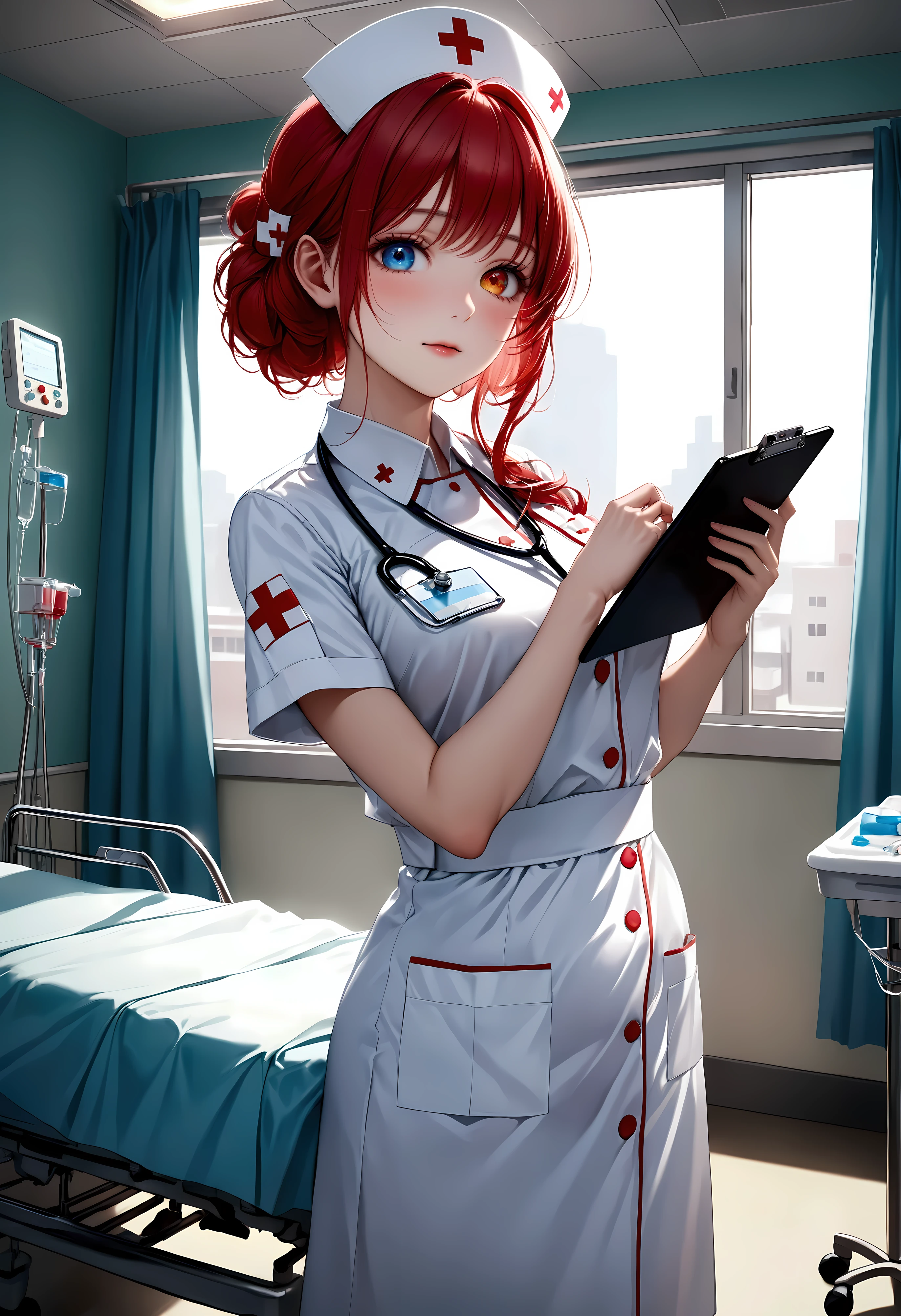 Create a stunning, ultra-high-definition image in 16K resolution that captures the serene and professional atmosphere of a modern hospital room with a realistic photo aesthetic. | Visualize a beautiful female nurse with cute dimples and vibrant red hair, embodying both kindness and competence. She has warm, expressive heterochromia eyes and a natural beauty that shines through her caring demeanor. She is dressed in a stylish yet practical nurse's outfit, featuring a crisp white uniform with light blue accents, a name tag, and comfortable, clean shoes. Her attire should blend traditional medical elements with subtle contemporary touches. | The scene is set in a bright and clean hospital room with advanced medical equipment, a patient bed, and large windows letting in natural light. The walls are painted in calming pastel colors, and the environment exudes a sense of calm and professionalism. | Capture the nurse in a dynamic yet gentle pose, perhaps with one hand holding a clipboard and the other adjusting an IV drip, as she attentively cares for a patient. Her expression should convey a mix of compassion and focus, with a hint of warmth. The camera angle should emphasize her full body, highlighting the details of her uniform and her attentive, nurturing presence. | The overall ambiance should integrate soothing colors and rich details, creating a sense of depth and immersion in this modern medical setting. Ensure anatomical correctness, with a focus on ultra-detailed textures and high-quality rendering, capturing every nuance of the nurse's appearance and her professional surroundings. This masterpiece should embody the spirit of care and dedication, immersing viewers in its lifelike depiction. | Keywords: (beautiful female nurse:1.3), ((realistic photo)), ((cute dimples):1.2), ((modern hospital)), ((attentive pose)).
