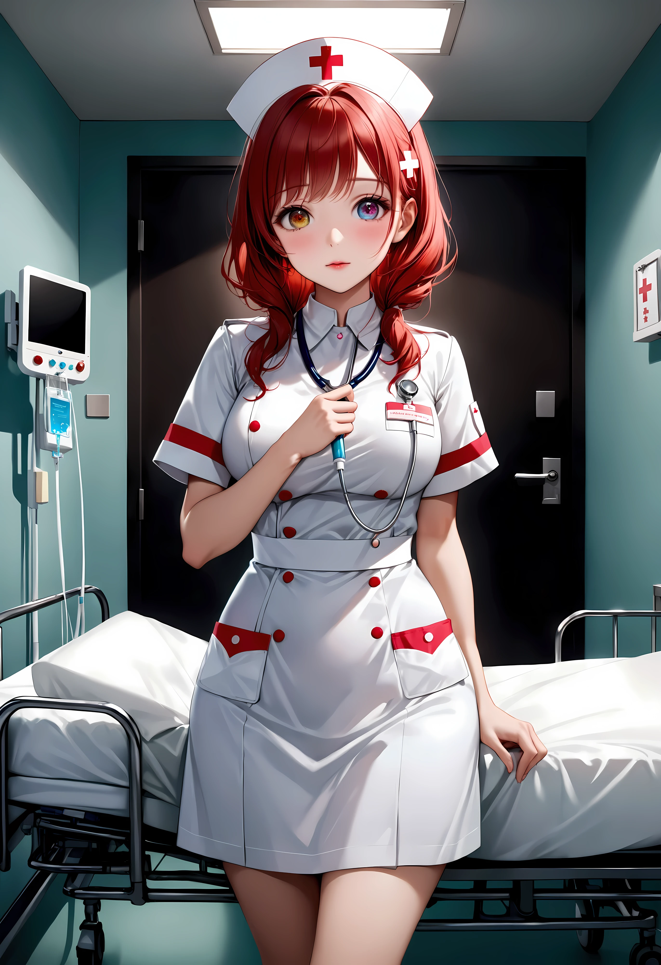 Create a stunning, ultra-high-definition image in 16K resolution that captures the serene and professional atmosphere of a modern hospital room with a realistic photo aesthetic. | Visualize a beautiful female nurse with cute dimples and vibrant red hair, embodying both kindness and competence. She has warm, expressive heterochromia eyes and a natural beauty that shines through her caring demeanor. She is dressed in a stylish yet practical nurse's outfit, featuring a crisp white uniform with light blue accents, a name tag, and comfortable, clean shoes. Her attire should blend traditional medical elements with subtle contemporary touches. | The scene is set in a bright and clean hospital room with advanced medical equipment, a patient bed, and large windows letting in natural light. The walls are painted in calming pastel colors, and the environment exudes a sense of calm and professionalism. | Capture the nurse in a dynamic yet gentle pose, perhaps with one hand holding a clipboard and the other adjusting an IV drip, as she attentively cares for a patient. Her expression should convey a mix of compassion and focus, with a hint of warmth. The camera angle should emphasize her full body, highlighting the details of her uniform and her attentive, nurturing presence. | The overall ambiance should integrate soothing colors and rich details, creating a sense of depth and immersion in this modern medical setting. Ensure anatomical correctness, with a focus on ultra-detailed textures and high-quality rendering, capturing every nuance of the nurse's appearance and her professional surroundings. This masterpiece should embody the spirit of care and dedication, immersing viewers in its lifelike depiction. | Keywords: (beautiful female nurse:1.3), ((realistic photo)), ((cute dimples):1.2), ((modern hospital)), ((attentive pose)).
