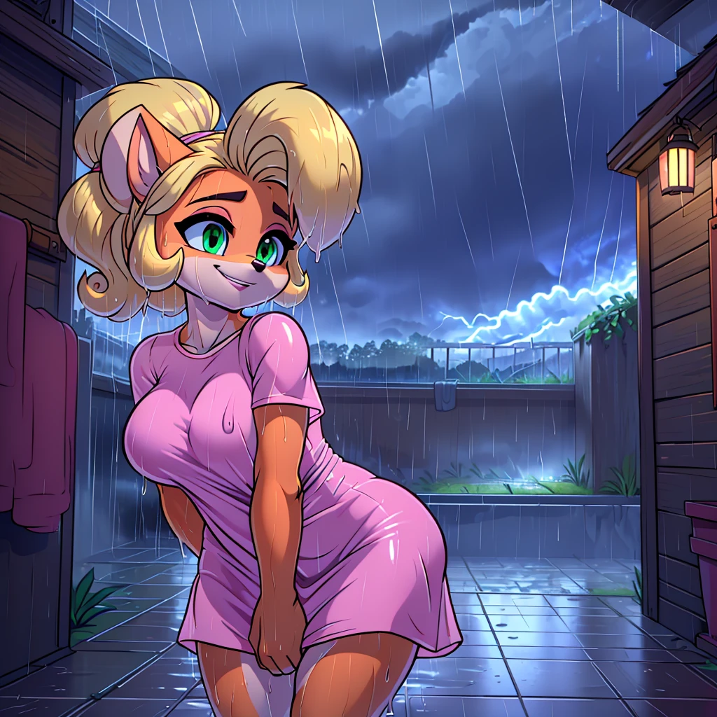 (masterpiece), ((perfect anatomy)), (high Res), (4k), bandicoot, green eyes, blonde hair, huge breast, wide hips, (((wet white top))), (((wet full body skin tight pink dress))), happy, (anime artstyle), (((solo))), narrow waist, (((raining))), (((storm))), (((at night))), (((wet))), in the dark, ((wet clothes))