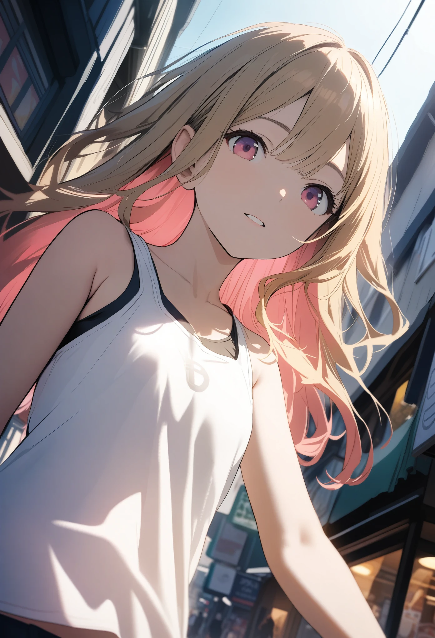 -yeld gi (Tank top、Chopin)、(Golden hair color,Light red pink inner color hairstyle), (beautiful smooth hair), Facial Contour, Remember, Shopping Street, sunlight、splash, Lens flare,, Natural Color, High resolution, Very delicate, Very detailed, 8k,(My breasts are just a little swollen,About B cup)、Shyness,((Sexual))、View angle from below