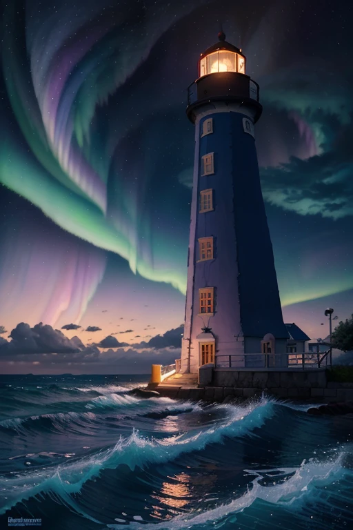 Illustration of a lighthouse with a bright blue and purple aurora behind, quiet night. digital illustration, Just Bartel, inspired by Cyril Rolando, stylized digital illustration, In the style of Cyril Rolando, Illustrative wallpaper 4k hd, a beautiful art illustration, background art, art of Alena Aenami, background illustration, dream illustration, amazing wallpaper