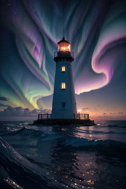 Illustration of a lighthouse with a bright blue and purple aurora behind, quiet night. digital illustration, Just Bartel, inspired by Cyril Rolando, stylized digital illustration, In the style of Cyril Rolando, Illustrative wallpaper 4k hd, a beautiful art illustration, background art, art of Alena Aenami, background illustration, dream illustration, amazing wallpaper