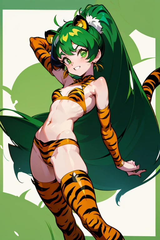 Ram、Urusei Yatsura、アグネス・Ram、(bikini tiger print).small corner、Eyeshadow Green、Tiger print bikini、(It has small yellow horns on its head).Long Hair、No tiger ears needed、((Both arms、Tiger print arm covers)).(tiger print boots)、Devil horns、Droopy eyes、(8k).(Double teeth).(Green Eyes).(Urusei Yatsura).(Ram)、((No tiger ears)).((Small Corner)).(Glamour)、Ram.