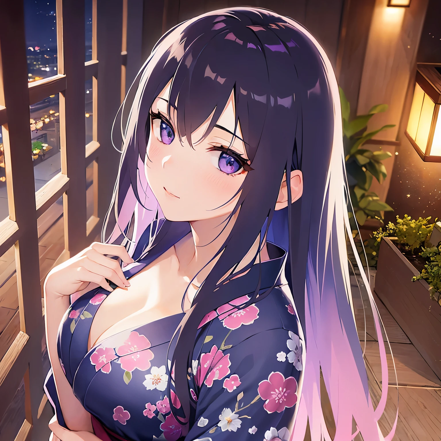 (Looking up:1.5),Shooting from above、Upper Body,(looking at viewer:1.5)、(Hands on chest:1.2),
Realistic, real person, (pale skin: 1.2), RAW photo, photorealistic, shiny skin, shiny hair、
(A 25-year-old woman with straight hair and bangs) and (medium hair) and (black hair) and (purple eyes) ,
(purple) and (yukata),(blush:1.5)、frown,The background is a Japanese-style corridor at night