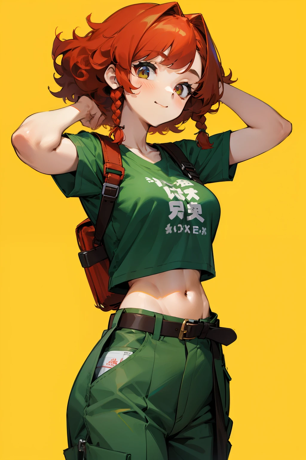 Cute girl, curly red hair with two braids, short-sleeved green T-shirt, blue backpack, baggy brown pants, black belt, big breasts, exposed stomach
