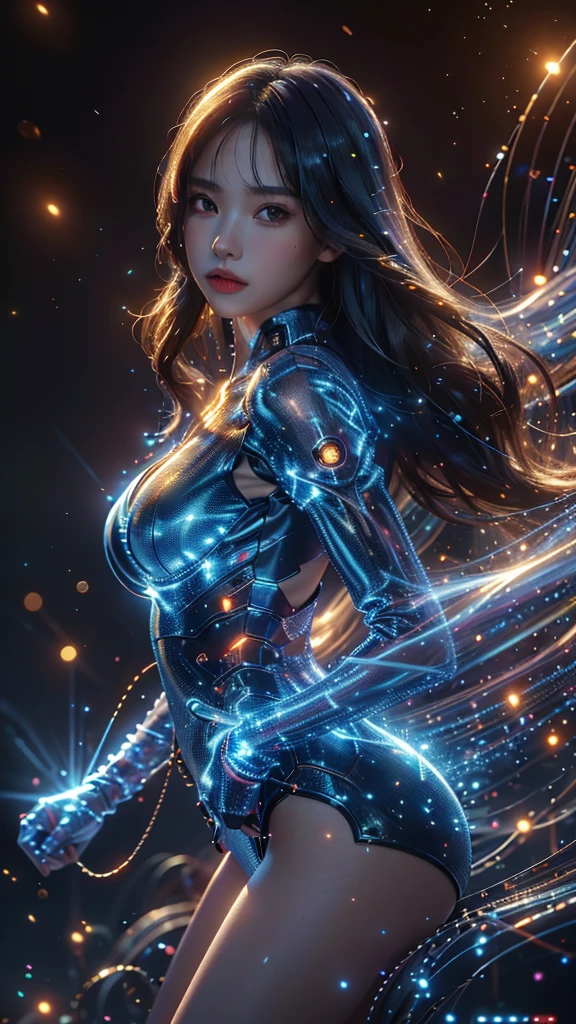 Ultra-Realistic Capture,18k,RAW Photos,Highest quality,masterpiece,reality,Very detailed,live-action,Very beautiful woman,Detailed face,Glowing Skin,Rainbow,Automata,cyber punk,18-year-old ,Model body type,slim,So many LEDs,Clothes made of light particles,Rainbowスキン,Electronic devices embedded in the body,Very detailedな電子機器,A bunch of glowing wires,Very long hair,Large Breasts,Acrobatic poses,(Middle finger),neon,Long legs,