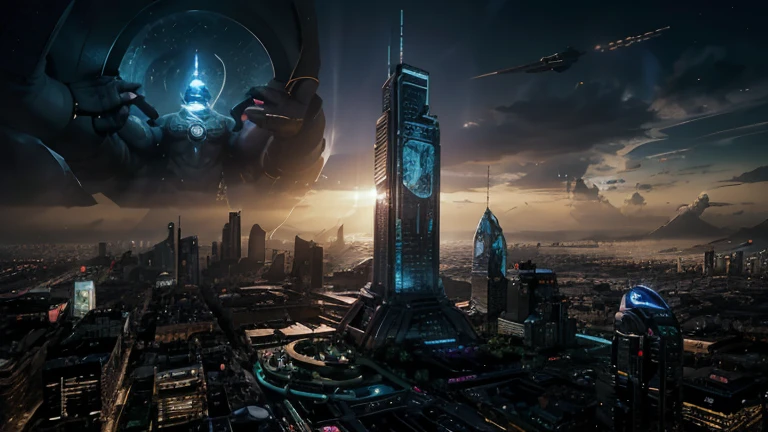 (Highest quality, Ultra HD, 16k, Masterpiece) In a future cityscape, the vibrant lights and towering skyscrapers create a stunning cyberpunk aesthetic. The city is elevated high into the clouds, offering a breathtaking view of the universe. This SF world is a blend of advanced technology and otherworldly beauty. At the heart of the city stands a huge, colossal statue of an animal god, its presence both awe-inspiring and majestic. The statue, an enormous tribute to the Indian deity, rises from the middle of the city, its intricate details and grand scale making it a focal point of the skyline. The early morning light bathes the statue and the city in a soft glow, highlighting the contrast between the ancient spiritual figure and the futuristic surroundings. The sky is a canvas of vibrant hues, with the city lights flickering against the backdrop of the universe. The colossal statue of Lord Shiva, with its serene expression and powerful stance, seems to watch over the bustling metropolis, merging the spiritual and the technological in a harmonious blend. The overall composition captures the essence of a world where tradition and innovation coexist, creating a scene of unmatched beauty and depth. The vibrant energy of the city, combined with the tranquil presence of the statue, offers a unique glimpse into a future where the past is never forgotten.