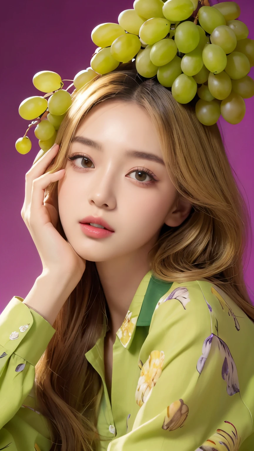 (Real, Highest quality, High resolution :1.3), One girl with a perfect body, Very beautiful face and eyes, Korean Beauty, (Slanted Eyes), Yellow-green wolf hair, (Grapes on his head:1.2), Oversized grape print shirt