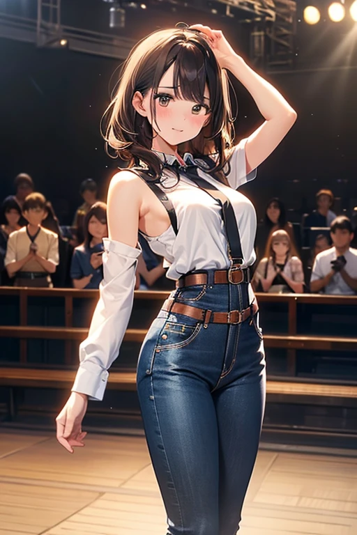 Brown Hair、Looking at the audience　　suspenders　　　bulging big breasts　　 　 　　　　jeans　boots　　　　　sight　　　Small face　bangs 　　　　　beauty　　Show your hand　　 　sight 　黒いboots 　Taunt　　Armpit sweat　One person 　　Place your hands behind your back　Dress shirt　　Black belt