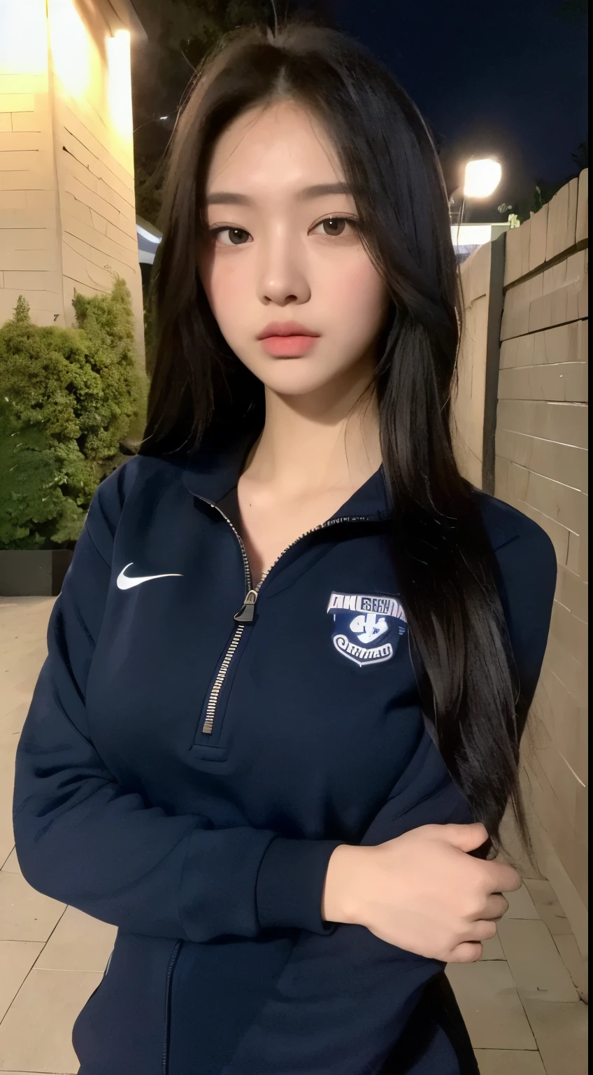 ((Midnight, Highest quality, 8k, masterpiece :1.3)), whole body, Long legs, Sharp focus :1.2, student:1.4, :1.1, ((Thick black hair, Beautiful breasts :1.2)), (Navy blue tracksuit,Are standing:1.2), ((evening,outside:1.3)), Beautiful skin texture, Detailed eyes, double eyelid,Selfie,With your cell phone