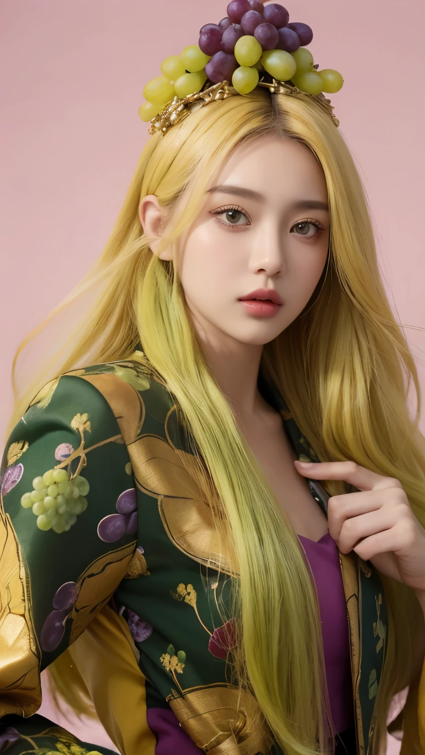 (Real, Highest quality, High resolution :1.3), One girl with a perfect body, Very beautiful face and eyes, Korean Beauty, (Slanted Eyes), Yellow-green wolf hair, (Grapes on his head:1.2), Oversized grape print jacket