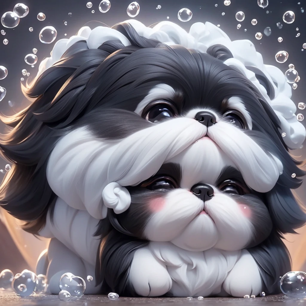 A black Shih Tzu puppy covered in shampoo bubbles。happy A slightly confused look、The key point is the expression of comfort with eyes closed.。