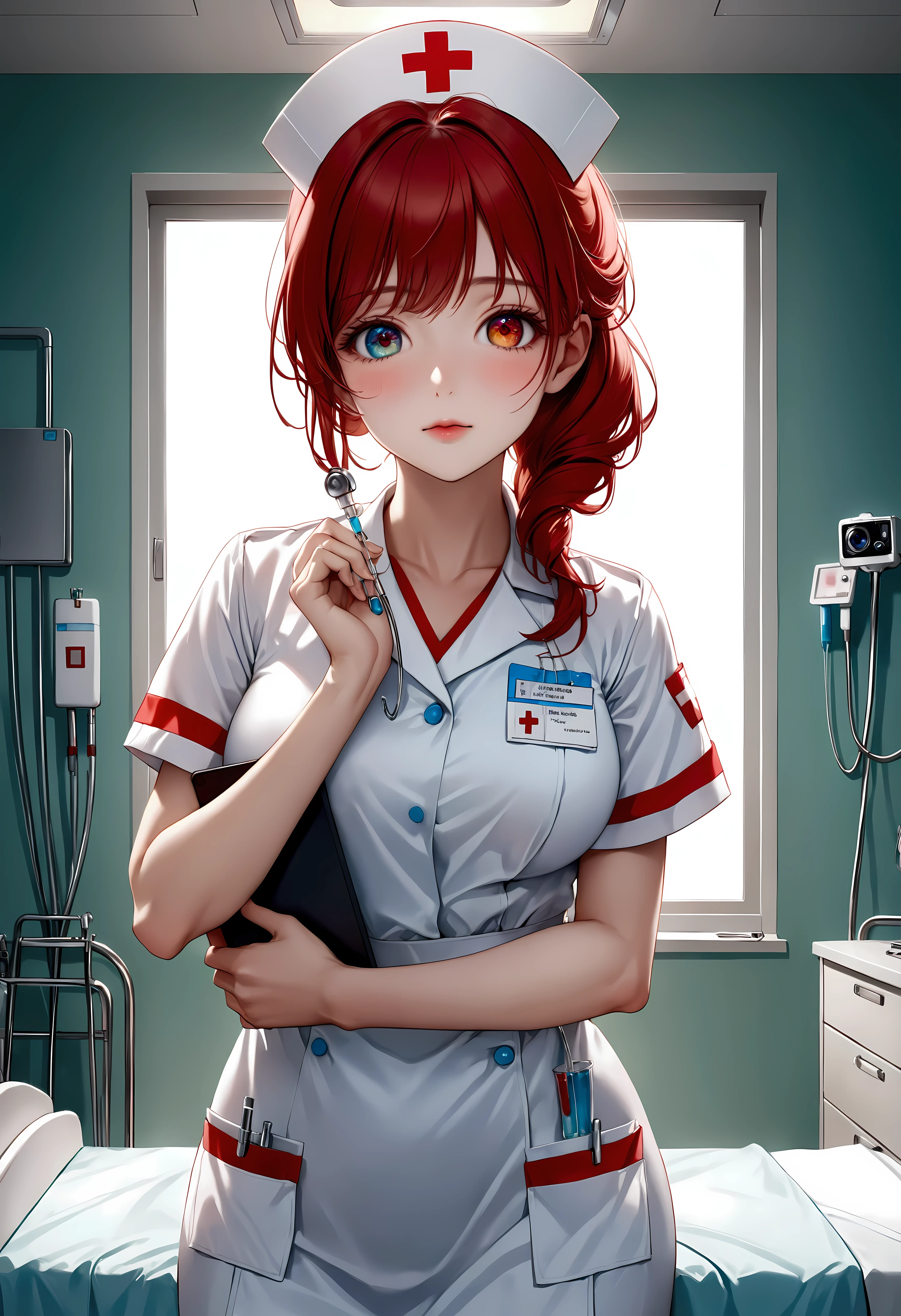 Create a stunning, ultra-high-definition image in 16K resolution that captures the serene and professional atmosphere of a modern hospital room with a realistic photo aesthetic. | Visualize a beautiful female nurse with cute dimples and vibrant red hair, embodying both kindness and competence. She has warm, expressive heterochromia eyes and a natural beauty that shines through her caring demeanor. She is dressed in a stylish yet practical nurse's outfit, featuring a crisp white uniform with light blue accents, a name tag, and comfortable, clean shoes. Her attire should blend traditional medical elements with subtle contemporary touches. | The scene is set in a bright and clean hospital room with advanced medical equipment, a patient bed, and large windows letting in natural light. The walls are painted in calming pastel colors, and the environment exudes a sense of calm and professionalism. | Capture the nurse in a dynamic yet gentle pose, perhaps with one hand holding a clipboard and the other adjusting an IV drip, as she attentively cares for a patient. Her expression should convey a mix of compassion and focus, with a hint of warmth. The camera angle should emphasize her full body, highlighting the details of her uniform and her attentive, nurturing presence. | The overall ambiance should integrate soothing colors and rich details, creating a sense of depth and immersion in this modern medical setting. Ensure anatomical correctness, with a focus on ultra-detailed textures and high-quality rendering, capturing every nuance of the nurse's appearance and her professional surroundings. This masterpiece should embody the spirit of care and dedication, immersing viewers in its lifelike depiction. | Keywords: (beautiful female nurse:1.3), ((realistic photo)), ((cute dimples):1.2), ((modern hospital)), ((attentive pose)).
