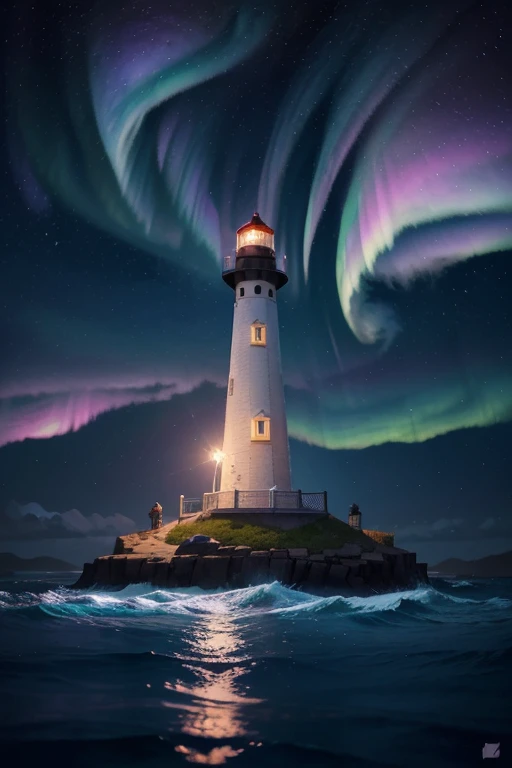 Illustration of a lighthouse with a bright blue and purple aurora behind, quiet night. digital illustration, Just Bartel, inspired by Cyril Rolando, stylized digital illustration, In the style of Cyril Rolando, Illustrative wallpaper 4k hd, a beautiful art illustration, background art, art of Alena Aenami, background illustration, dream illustration, watercolor