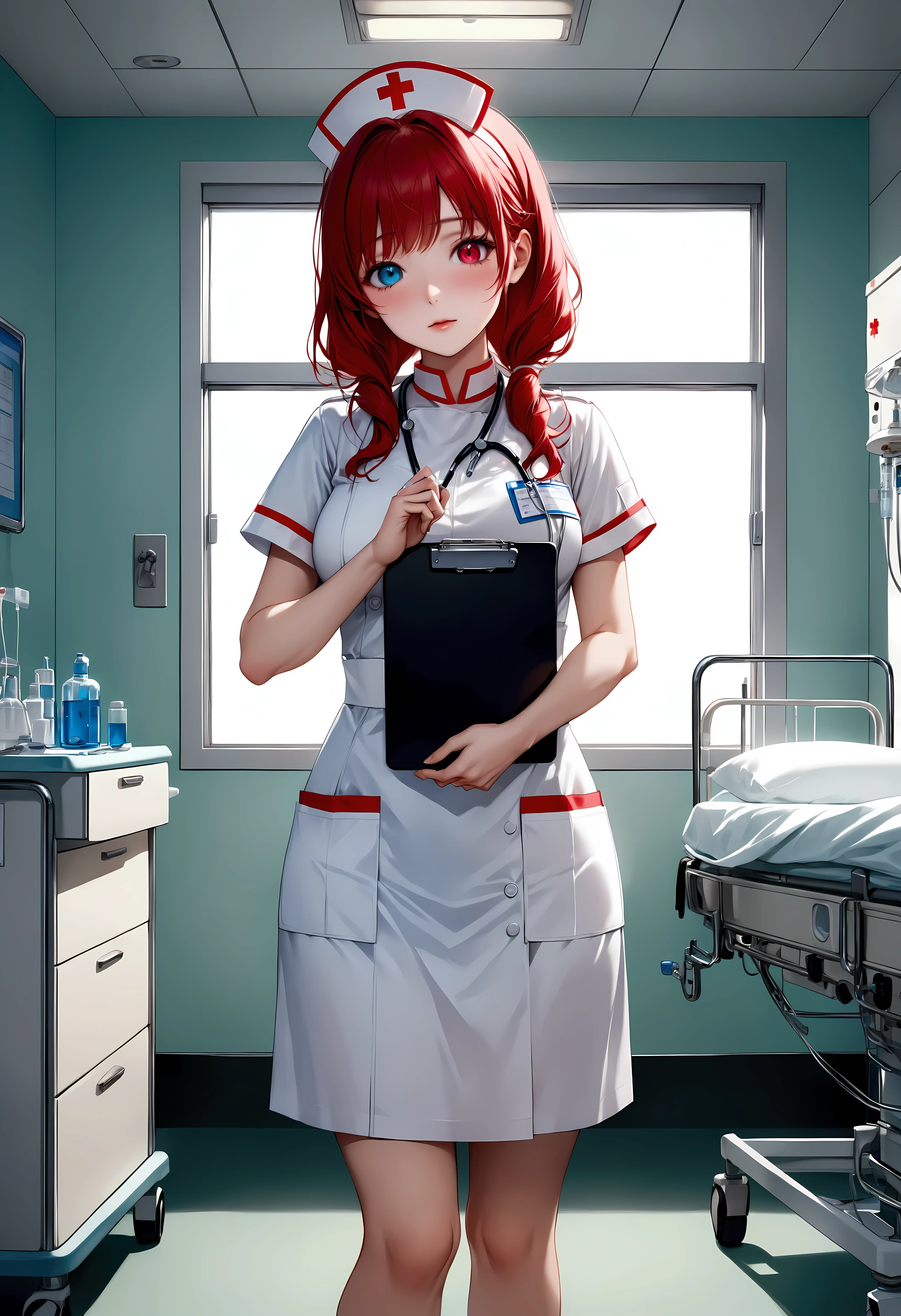 Create a stunning, ultra-high-definition image in 16K resolution that captures the serene and professional atmosphere of a modern hospital room with a realistic photo aesthetic. | Visualize a beautiful female nurse with cute dimples and vibrant red hair, embodying both kindness and competence. She has warm, expressive heterochromia eyes and a natural beauty that shines through her caring demeanor. She is dressed in a stylish yet practical nurse's outfit, featuring a crisp white uniform with light blue accents, a name tag, and comfortable, clean shoes. Her attire should blend traditional medical elements with subtle contemporary touches. | The scene is set in a bright and clean hospital room with advanced medical equipment, a patient bed, and large windows letting in natural light. The walls are painted in calming pastel colors, and the environment exudes a sense of calm and professionalism. | Capture the nurse in a dynamic yet gentle pose, perhaps with one hand holding a clipboard and the other adjusting an IV drip, as she attentively cares for a patient. Her expression should convey a mix of compassion and focus, with a hint of warmth. The camera angle should emphasize her full body, highlighting the details of her uniform and her attentive, nurturing presence. | The overall ambiance should integrate soothing colors and rich details, creating a sense of depth and immersion in this modern medical setting. Ensure anatomical correctness, with a focus on ultra-detailed textures and high-quality rendering, capturing every nuance of the nurse's appearance and her professional surroundings. This masterpiece should embody the spirit of care and dedication, immersing viewers in its lifelike depiction. | Keywords: (beautiful female nurse:1.3), ((realistic photo)), ((cute dimples):1.2), ((modern hospital)), ((attentive pose)).
