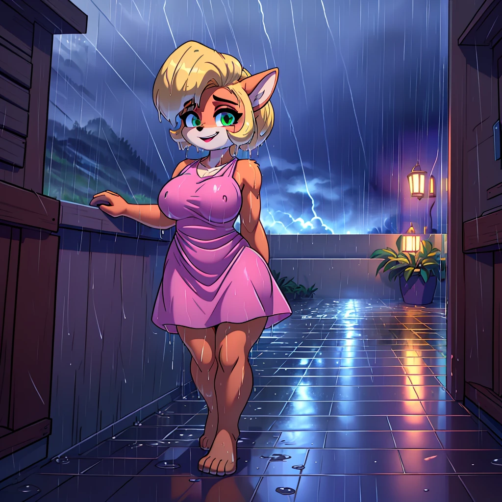 (masterpiece), ((perfect anatomy)), (high Res), (4k), bandicoot, green eyes, blonde hair, huge breast, wide hips, (((wet full body skin tight short pink dress))), happy, (anime artstyle), (((solo))), narrow waist, (((raining))), (((storm))), (((at night))), (((wet))), in the dark, ((wet clothes))