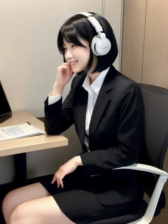 オフィス内、こちらを向いている、A full-body shot, a Japanese woman, short hair, studying at a desk, A cute, fair-skinned, a beautiful  profile, a long face, and short-length black hair. She is 25 years old and has five distinct fingers on each hand. She is wearing suits, specifically a white-shirt, s, wearing headphones , .smile, sitting chair