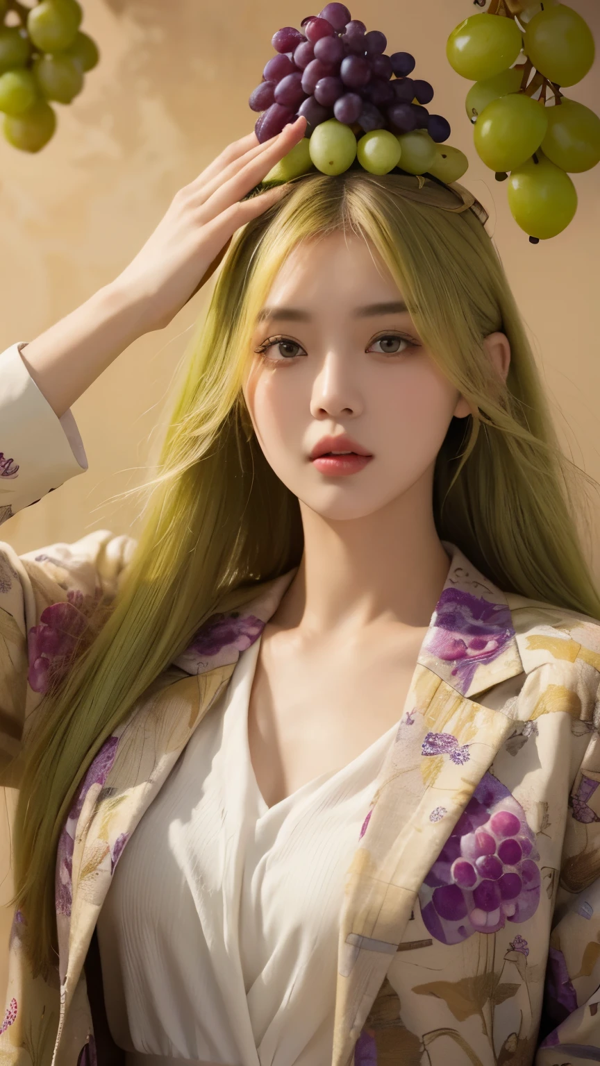 (Real, Highest quality, High resolution :1.3), One girl with a perfect body, Very beautiful face and eyes, Korean Beauty, (Slanted Eyes), Yellow-green wolf hair, (Grapes on his head:1.2), Oversized grape print jacket