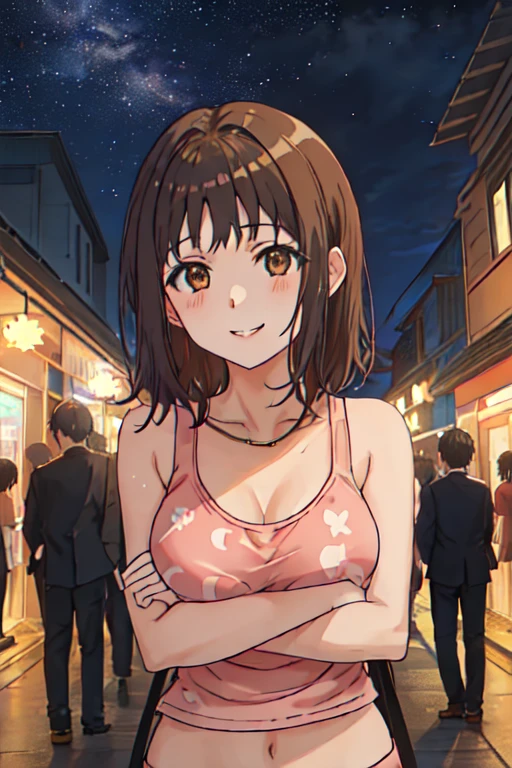 Best Quality, masterpiece, High resolution, Alone, {Itsuwa_toarumajutsuno index:1.15}, Brown_eyes, Brown_hair, short_hair, 1 girl, negro_hair, evening, sky, star_\(sky\), evening_sky, tight tank top, starry_sky, looking to the viewer, sorry, city at night with many lights, smiling, ((hands behind your back:!.6)), big breasts,