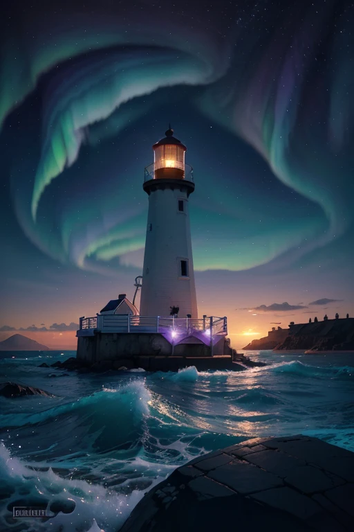 Illustration of a lighthouse with a bright blue and purple aurora behind, quiet night. digital illustration, Just Bartel, inspired by Cyril Rolando, stylized digital illustration, In the style of Cyril Rolando, Illustrative wallpaper 4k hd, a beautiful art illustration, background art, art of Alena Aenami, background illustration, dream illustration, amazing wallpaper