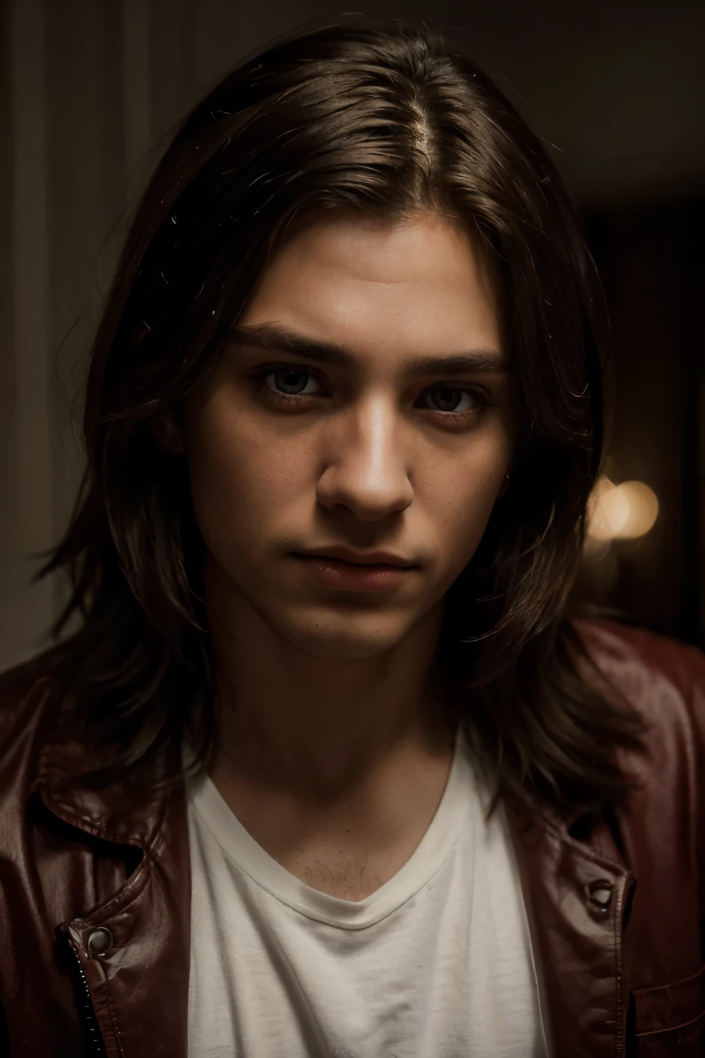 A long-haired brown-eyed boy wearing a red jacket, white t-shirt, with dark circles under his eyes,(best quality,4k,8k,highres,masterpiece:1.2),ultra-detailed,(realistic,photorealistic,photo-realistic:1.37),portrait,highly detailed facial features,beautiful detailed eyes,beautiful detailed lips,extremely detailed eyes and face,longeyelashes,boy,young man,melancholy,thoughtful,moody,warm lighting,cinematic,dramatic,rich colors
