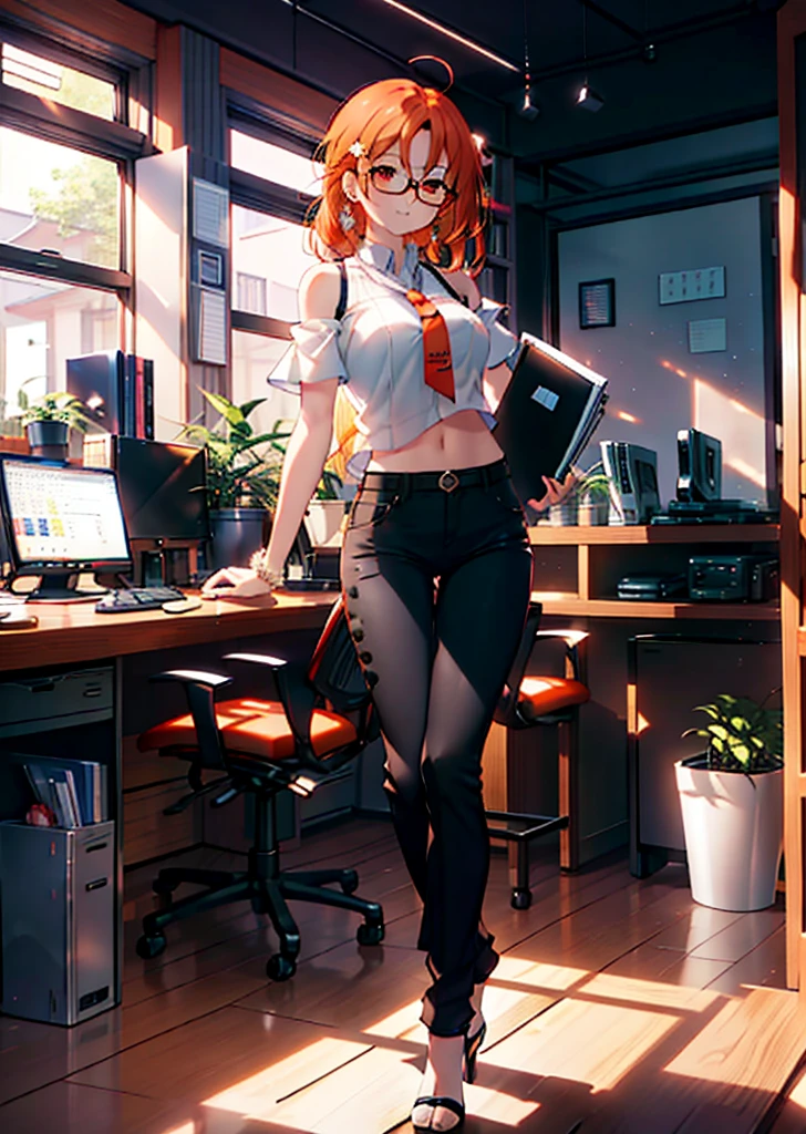 Takahai Chige,Orange Hair,Red eyes,smile,Long Hair,Ahoge,Cold Shoulder Shirt,Short sleeve,skinny pants,Stiletto heels,Black-rimmed glasses,interior,There is a computer on the table,Walking,whole bodyがイラストに入るように,Daytime,Clear skies,　　　　 　　　　　　　　　　　　break indoors, office, 　　　　　　　　　　　break looking at viewer, whole body, 　　　　　　　　break (masterpiece:1.2), Highest quality, High resolution, unity 8k wallpaper, (shape:0.8), (Beautiful attention to detail:1.6), Highly detailed face, Perfect lighting, Extremely detailed CG, (Perfect hands, Perfect Anatomy),