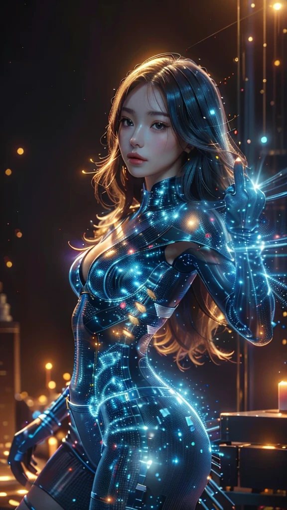 Ultra-Realistic Capture,18k,RAW Photos,Highest quality,masterpiece,reality,Very detailed,live-action,Very beautiful woman,Detailed face,Glowing Skin,Rainbow,Automata,cyber punk,18-year-old ,Model body type,slim,So many LEDs,Clothes made of light particles,Rainbow Skin,Electronic devices embedded in the body,Very detailed electronic equipment,A lot of connecting lines,Very long hair,Large Breasts,Acrobatic poses,(Middle finger),neon,Long legs,