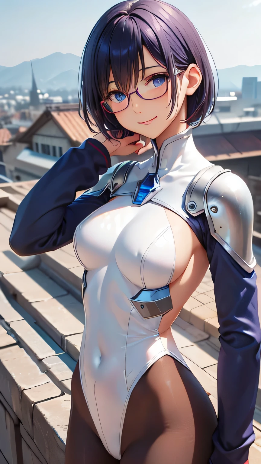 highest quality、Realistic、Women、zoom、Cobalt blue eyes、maroon short hair、Hero Suit、Glossy white bodysuit、Blue and silver accents、slender、Dark Skin、Glasses、Rooftop、An inappropriate smile、Bust Shot、