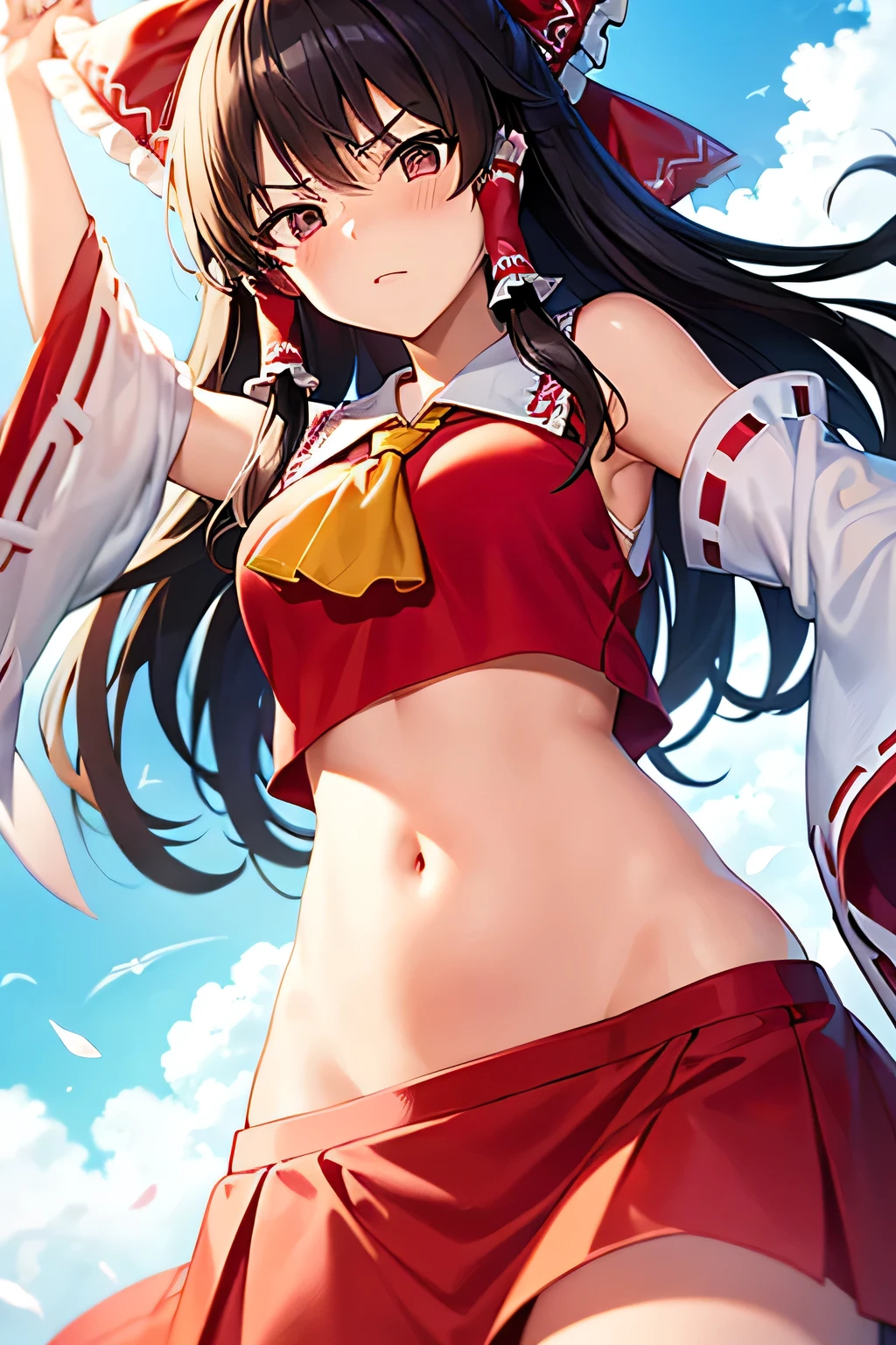 super fine illustration, vibrant colors, masterpiece, sharp focus, best quality, depth of field, cinematic lighting, ultra detailed, blush, belly button, navel , tummy, shrine maiden, hakurei reimu, 1girl, hair bow, ascot, hair tubes, detached sleeves, looking down, red shirt, red skirt, very long curly hair, very messy hair, dark brown hair, mature woman, ,hakurei reimu, 1girl, hair bow, ascot, hair tubes, miko, detached sleeves, Reimu Hakurei, long skirt, medium breasts, angry, blue sky, clouds, flying