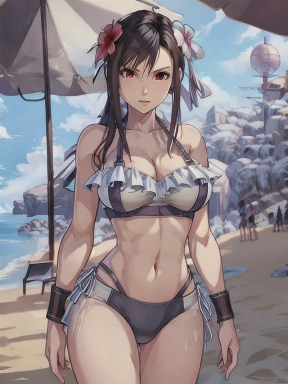 masterpiece, best quality, 1girl, Tifa Lockhart, final fantasy, cowboy shot, tifa_sunshine, bikini, black hair, red eyes, sidelocks, swimsuit, frilled bikini, hair ornament, side-tie bikini bottom, bare shoulders, solo, breasts, hair flower, flower, cleavage, navel, large breasts